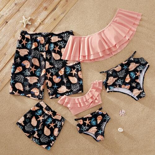 PatPat 2021 New Summer Shell and Starfish Print Off Shoulder Matching Swimsuits for Family Family Look Childrens Clothing