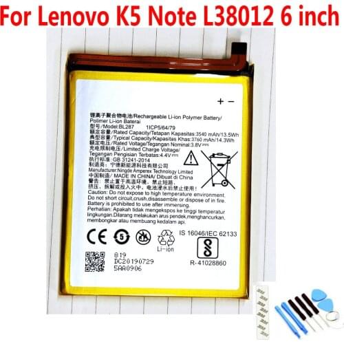 NEW Original 3540mAh BL287 battery For Lenovo K5 Note L38012 6 inch Mobile phone