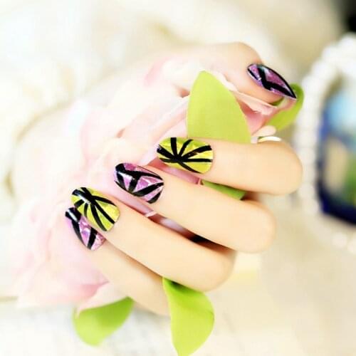 Full Wrap Nails Foil Patch Adhesive Nails Art Stickers Triangle Marble Bright Yellow Pink Spider Web Design Polish Decals Q093