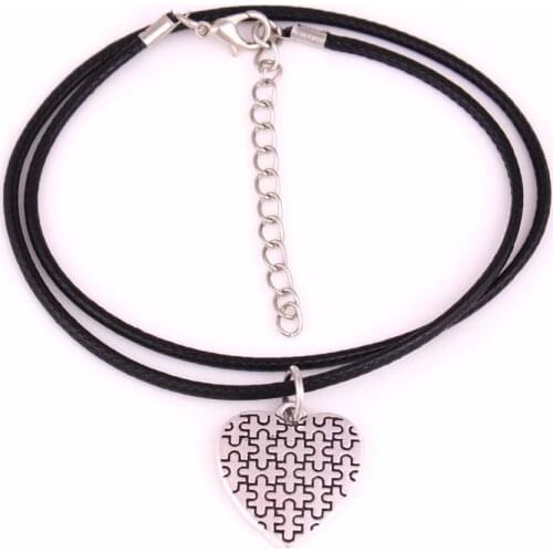 Drop Shipping Autism Hope Heart puzzle Piece Pendant with leather Rope Chain ID necklace Autism Awareness Jewelry
