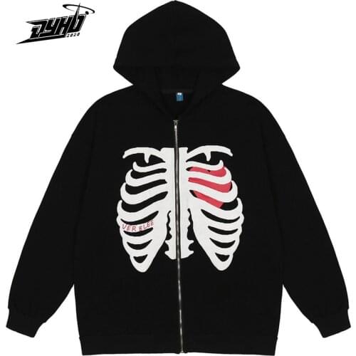 Mens Hip Hop Streetwear Harajuku Loose Pullover Skeleton Printed Hoodie Cotton Fleece Pullover 2021 Black Hooded Sweatshirt Zip