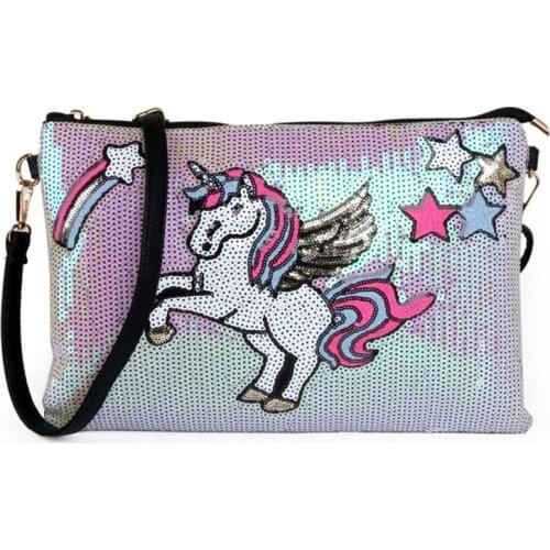 Cartoon Pegasus Women Bags Leather Glitter Sequins Envelops Purse Chain Shoulder Bag Cross Body Satchels Bag Casual Clutch Bags
