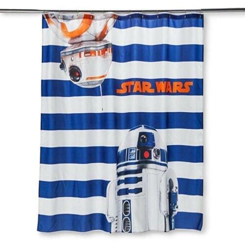 Robot Fabric Shower Curtain with Blue & White Stripes