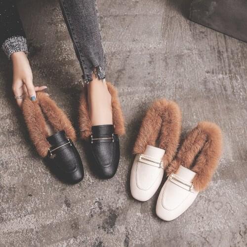 Flat-bottomed all-match leather shoes, Muller shoes, new fur shoes for women, peas shoes plus velvet warm cotton shoes for women
