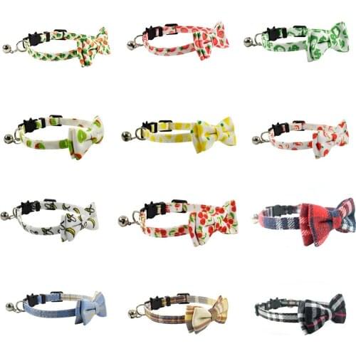 15 Colors Cat Collar Breakaway Bow Tie Bell Cotton Plaid Fruits Collars Quick Release Cat Kitten Collar 17-28cm