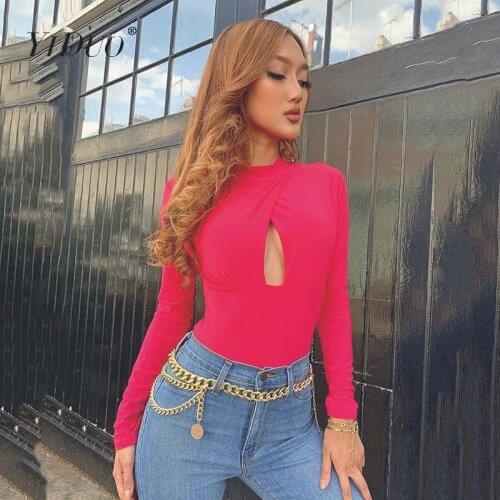 YiDuo 6 Color Basic Solid Women Sexy Bodysuit Cross O-Neck Hollow Out Long Sleeve Backless Bodycon Jumpsuit Rompers Clubwear