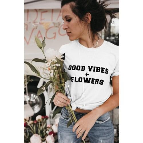 GOOD VIBES + FLOWERS T-Shirt Funny Letter Good vives tee flower yellow clothing tops floral grunge aesthetic quote t shirts
