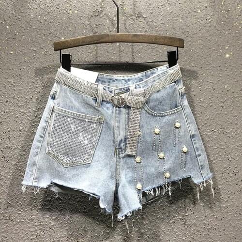 Summer Ladies Womens High Waisted Rhinestone Tassel Ripped Irregular Blue White Denim Shorts , Woman Korean Jeans Shorts
