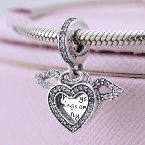 Zircon woman jewelry accessories DIY beads 925 sterling silver angel wings heart charms fit Europe bracelet pendant making gift