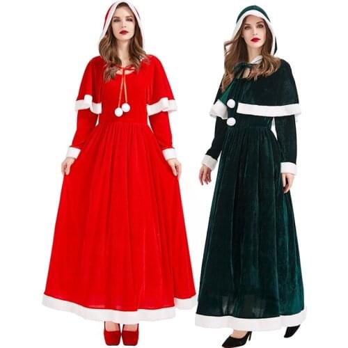 Lady Carnival Xmas Santa Claus Costume Flannel Floor Length Dress With Shawl Christmas Mascot Cosplay Fancy Party Dress