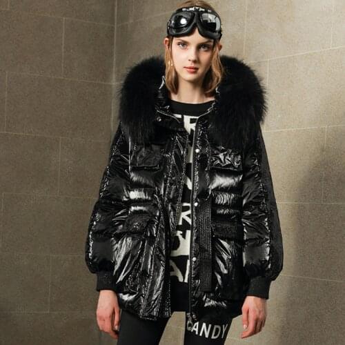 2021 New Winter Women Sequined White Duck Down Coat Real Raccoon Fur Collar Female Bright Short Puffer Jackets Thickened Outwear