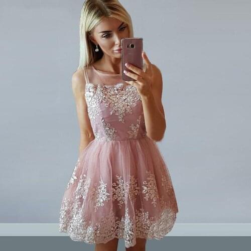 Fashion Sheer Neck Blush Pink Short Homecoming Dresses A Line Sleeveless Tulle Cocktail Party Dress With Lace Customize