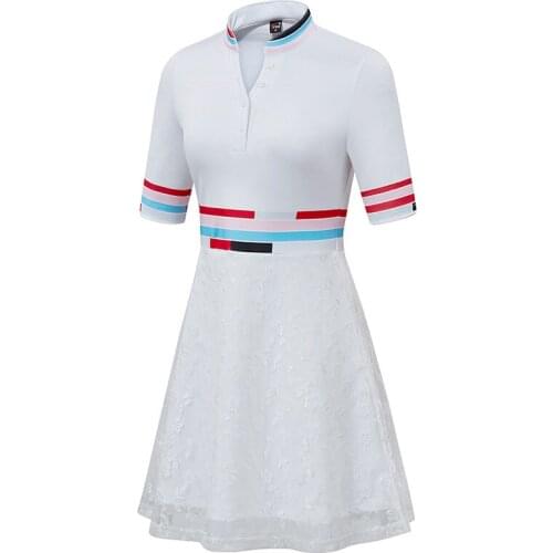 Womens High Waist Golf Dress Ladies V Neck Swing Golf Mini Dress Short Sleeve Lace Fashion Sports Dresses D0808