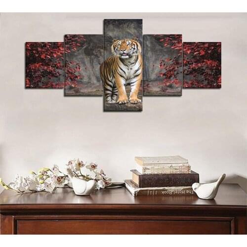 5 Panels Decor Painting Modern Home Decoration for Living Room Bedroom Canvas Printing Tiger & Maple Leaf Wall Art Frameless