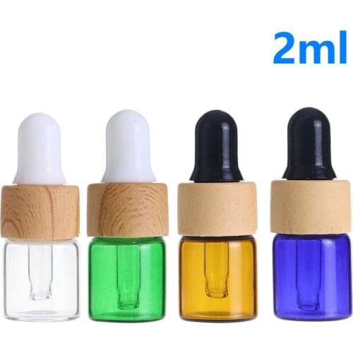 50pcs/lot Small Clear Blue Amber Green Glass Dropper Bottles With Wood Lid Essential Oil Perfume Sample Bottle Vial