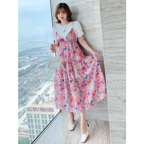 High quality Hubble-bubble sleeve blouse + strap print dress two-piece summer new tender