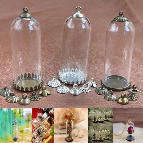 50x20mm Big hollow tube bell shape glass jar with setting base beads cap mini landscape glass vials pendant glass bottle jewelry