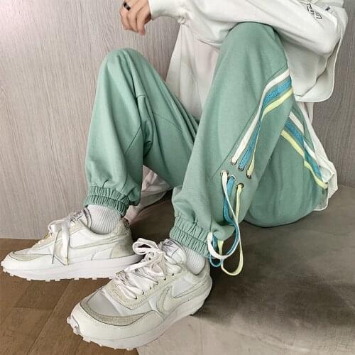 Men Pants Fashion Casual Jogger Ribbons Streetwear Wide Leg Joggers Ankle Length Pants Homme