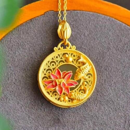 Hetian Jade round Lucky Pendant Pendant Female Jade Ethnic Style Necklace Female Retro Personality Lotus Chinese Style Jewelr