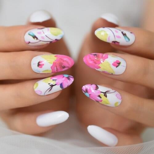 Color Artificial Fake Nails Blossom Flowers False Nails Press On Long Medium Length Oval Porcelain White Painting Nail Art