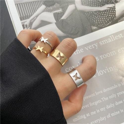 Aesthetic Butterfly Couple Rings for Women Men Hollow Metal Gold Silver Color Open Finger Ring Engagement Male Female Jewelry