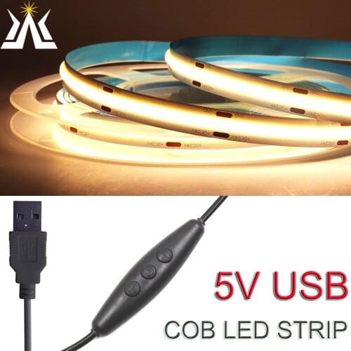 KLA-FCOB Dimmable DC5V USB Powered COB Strip Flexible 5V LED Tape Light Bar with Dimmer CRI 90 White Yellow Red Green Blue Color