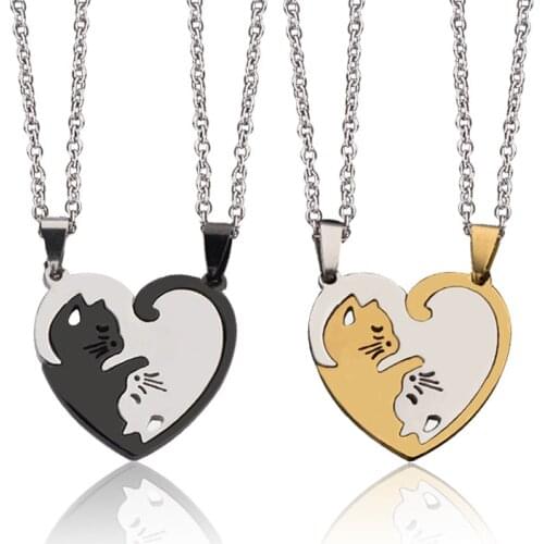 Hug Cat splice Couple Necklace heart paired for Lovers Stainless Steel jewelry Punk Men Women pendant necklace best friends bff