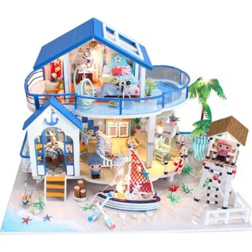 Creative DIY Children Adult Miniature Doll house Wooden Kits Assembled building blocks Mediterranean villa home furnishing toys