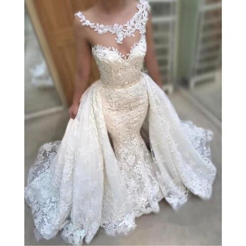 Vintage Mermaid Lace Wedding Dresses With Detachable Train 2021 vestidos de noiva Sheer Bridal Gowns Handmade gelinlik
