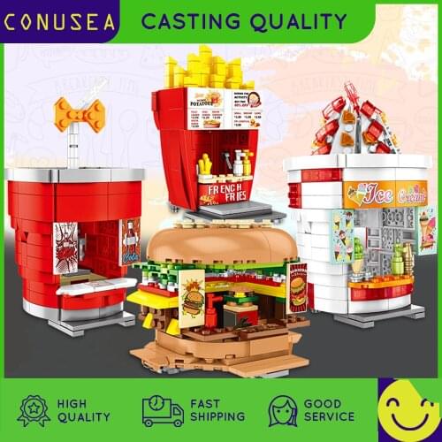 Simulation Architecture Street View Fast Food Buildings Blocks Hamburgers Ice Cream Shop Food Store Bricks House Toys for Boys