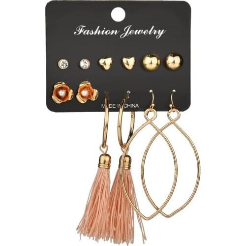 Trendy New Gold Color Tassel Geometric Stud Earrings for Women Personality Love Heart Flower Exquisite Earrings 6pairs/set