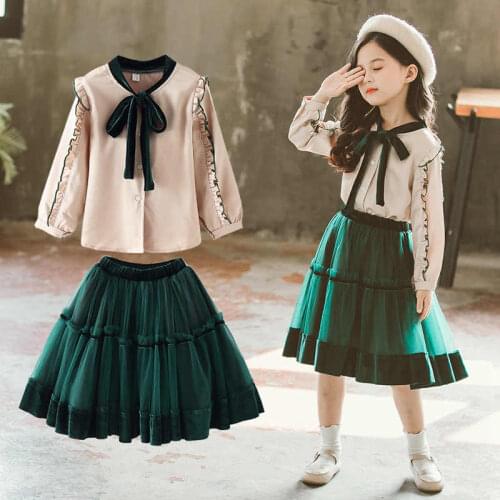 Fashion Princess Clothing Set Girls Bow Blouse and Solid Lace Skirt Two Piece Girl Set Spring Autumn School Teenage Skirt Sets