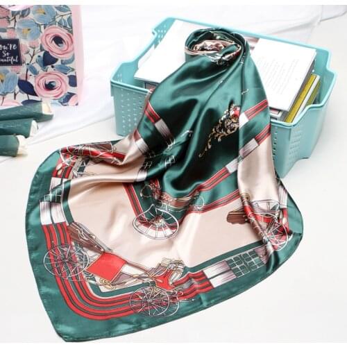 Fashion Kerchief Womnen Hijab Scarf Bandana For Head Luxury Print Silk Satin Hair Scarfs Female Square Shawls and Scarves Green
