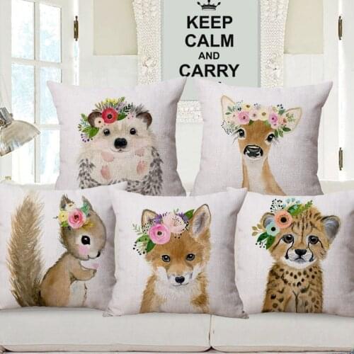 Baby Animals With Floral Wreath Cushion Covers Squirrel Dog Leopard Hedgehog Deer Print Decorative Linen Pillow Case