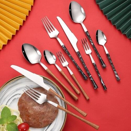 Stainless Steel Tableware Imitation Wood Handle Steak Knife Fork Spoon Portable Dinnerware Kitchen Cutlery Utensils Hotel Gifts