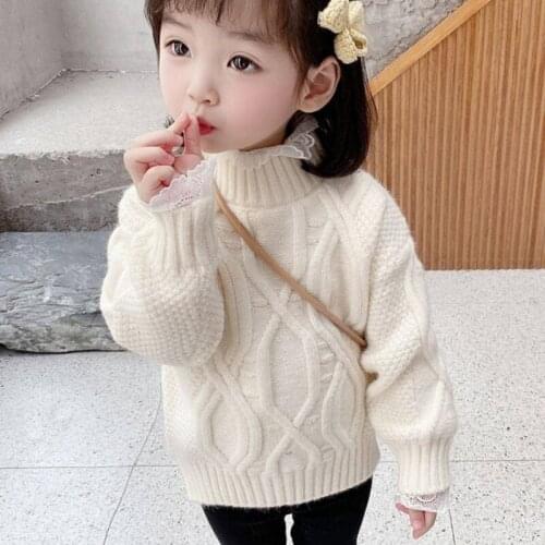 New Knitting Spring Winter Pullover Turtleneck Sweater Baby Girls Kids Childrens Lace Warm Thicken Solid Color Plus Velvet