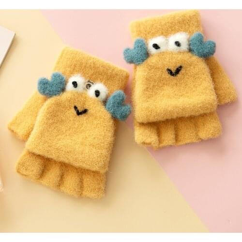 Winter New Cute Male and Female Baby Korean Cartoon Warm Knitted Half-finger Clamshell Gloves Warm Gloves Boys Girls Gloves