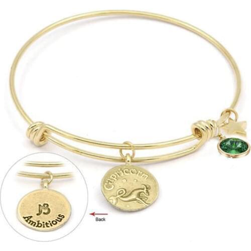 Birthday Gift Gold Color 12 Constellation Charm Bracelet Birthstone and Star Dangle Charms Zodiac Signs Adjustable Wire Bangle