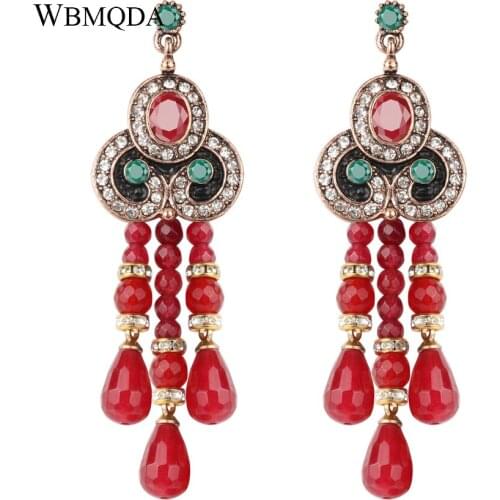 Luxury Red Natural Stone Beads Tassel Earrings Wedding Jewelry Antique Gold Crystal Long Drop Earrings For Women