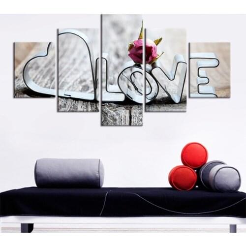 Heart Letters Love Flowers 5 Panels Canvas Painting Wall Art Posters Living Room Home Decor for Living Room