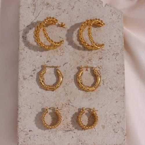 2021 New Multiple Layer Twisted Braid Engraving Beads Geometric Chain Stainless Steel Gold Hoop Earrings For Women