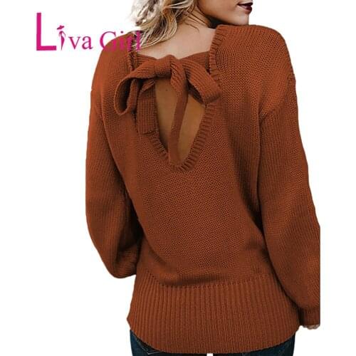 LIVA GIRL Woman Winter Casual Solid Hollow-out Back Sweater with Tie 2021 Female Elegant Long Sleeve Plus Size Slim Pullovers