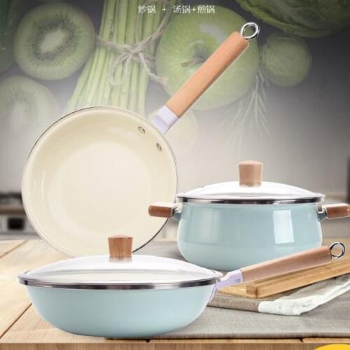 Japanese pan set with enamel enamel pan three-piece wok soup pan frying pan non-stick kitchen pot With Pot Cover Eco-Friendly
