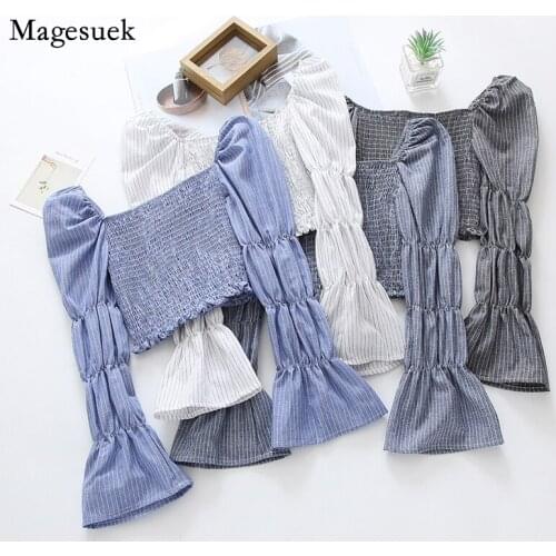 Cotton Short Harajuku Shirt Women Square Collar White Blouse Femme 2021 New Pleated Lantern Sleeve Vintage Sexy Crop Top 12169