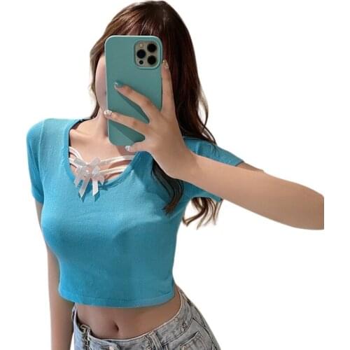 Women Knitted Short Sleeve T-Shirt Round Neck Bow Slim Tops Summer Casual Tee Shirts Tops
