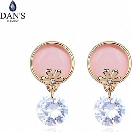 DANS ELEMENT 4 Colors Real Big Brand AAA Zirconia Micro Inlays Stud Earrings for Women Round 94540pink