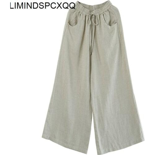Ladies Spring Pure Linen Large Size Wide Leg Pants Drawstring Loose Fashion Commuter Thin Waist Cotton Linen Womens Pants Long