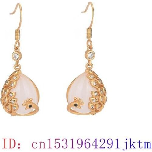 White Jade Peacock Earrings Fashion Chalcedony Women Gifts Jewelry 925 Silver Zircon Amulet Gemstone Crystal Charm Natural
