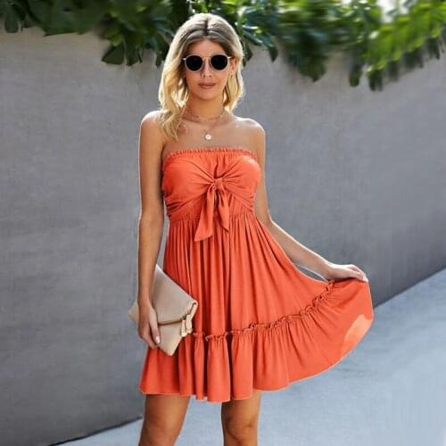 2021 Summer Fashion New Tie-dye Printed Strapless Bow Ladies Dress Sexy Shirred Back Knot-bust Tube Dress Dresses for Women