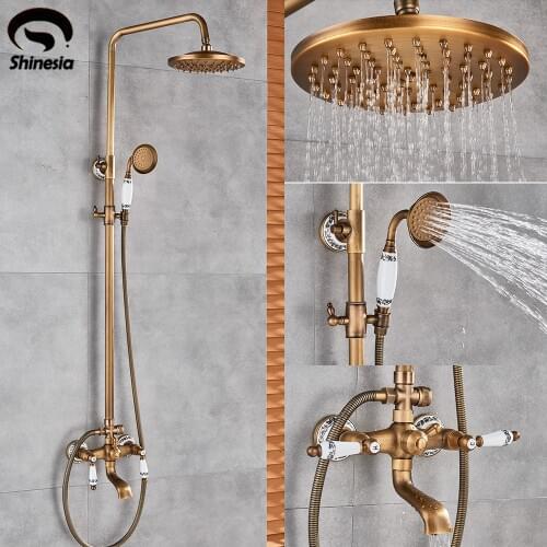 Antique Brass Bathroom Shower Set Faucet With Commodity Shelf And Hangers Mixer Tap 8" Rainfall head Dual Handles Wall Mounted